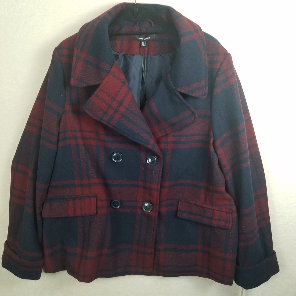 Larry Levine Womens XL Plaid Double Breasted Wool Blend Peacoat Jacket NWT